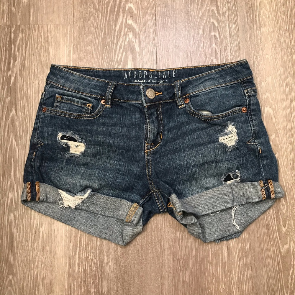 Aeropostale Distressed Cuffed Denim Dark Wash Jean Shorts Women's Size 2